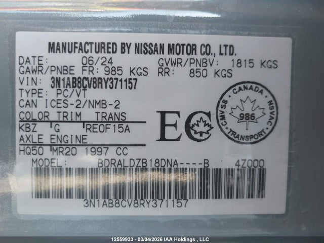 3N1AB8CV8RY371157 Nissan SENTRA SV