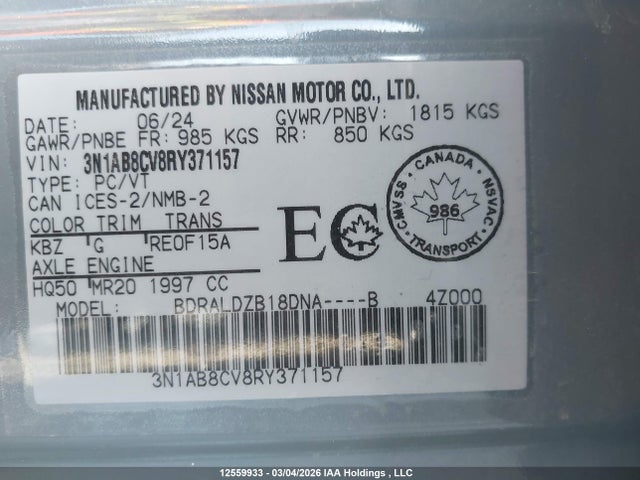 3N1AB8CV8RY371157 Nissan SENTRA SV