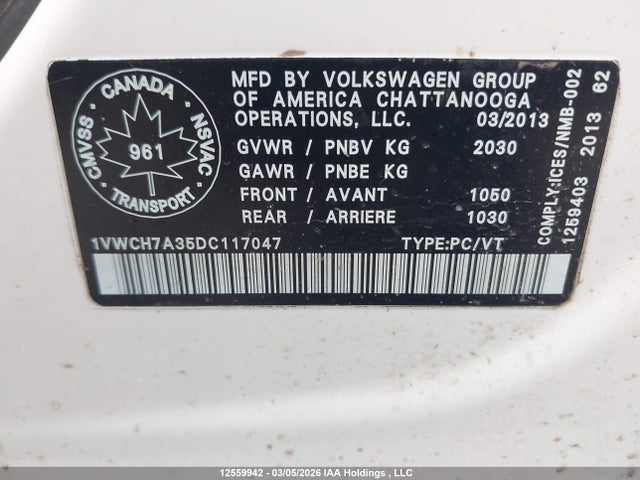 Продажа на аукционе авто 2013 Volkswagen Passat 2.5l Highline, vin: 1VWCH7A35DC117047, номер лота: 12559942