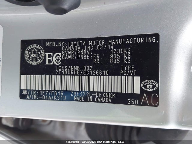 2014 Toyota Corolla L/le/le Pls/prm/s/s Pls მანქანა იყიდება აუქციონზე, vin: 2T1BURHEXEC126610, აუქციონის ნომერი: 12559948