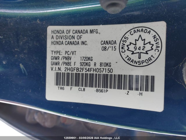 2015 Honda Civic Lx მანქანა იყიდება აუქციონზე, vin: 2HGFB2F54FH057150, აუქციონის ნომერი: 12559951