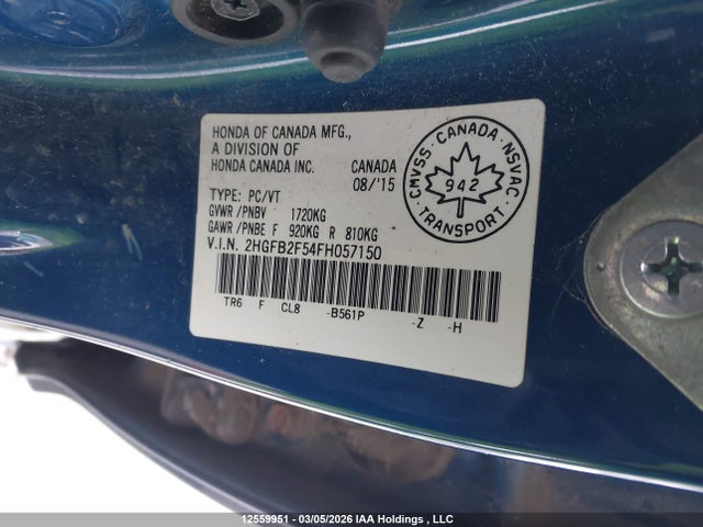 2015 Honda Civic Lx მანქანა იყიდება აუქციონზე, vin: 2HGFB2F54FH057150, აუქციონის ნომერი: 12559951