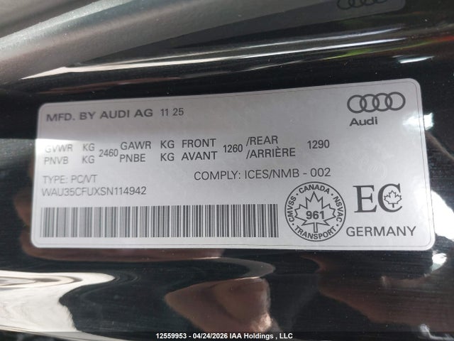12559953 :رقم المزاد ، WAU35CFUXSN114942 vin ، 2025 Audi S5 Prestige مزاد بيع