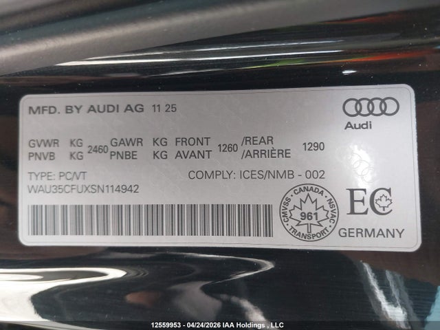 12559953 :رقم المزاد ، WAU35CFUXSN114942 vin ، 2025 Audi S5 Prestige مزاد بيع