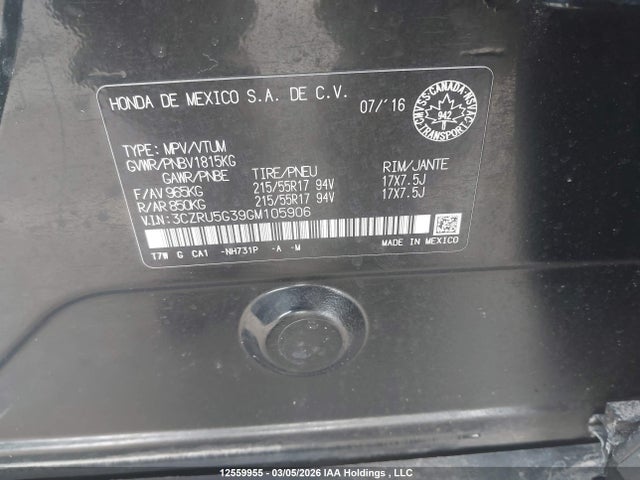 3CZRU5G39GM105906 Honda HR-V LX
