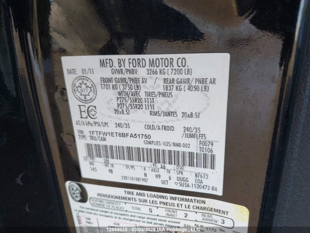 Продажа на аукционе авто 2011 Ford F-150 Platinum, vin: 1FTFW1ET8BFA51750, номер лота: 12559958