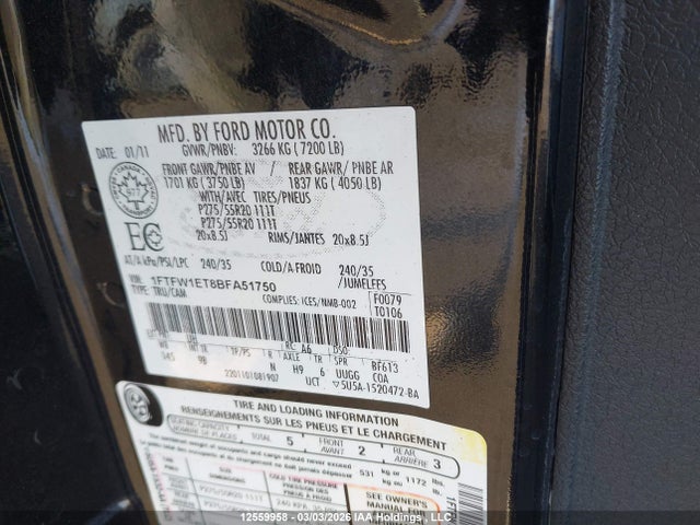 Продажа на аукционе авто 2011 Ford F-150 Platinum, vin: 1FTFW1ET8BFA51750, номер лота: 12559958