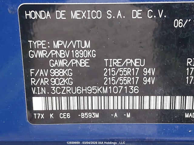 3CZRU6H95KM107136 Honda Hr-v Touring