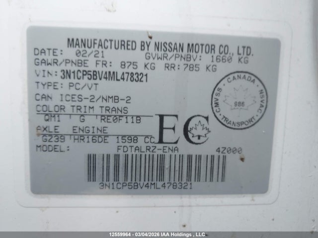 3N1CP5BV4ML478321 Nissan KICKS S