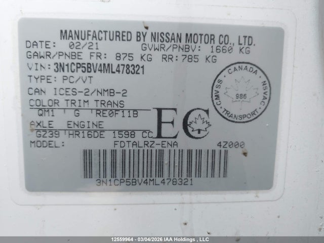 3N1CP5BV4ML478321 Nissan KICKS S