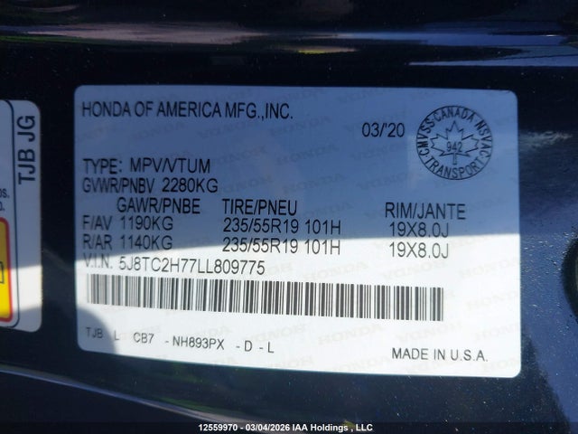 Aukcja sprzedaży 2020 Acura Rdx Elite, vin: 5J8TC2H77LL809775, numer aukcji: 12559970