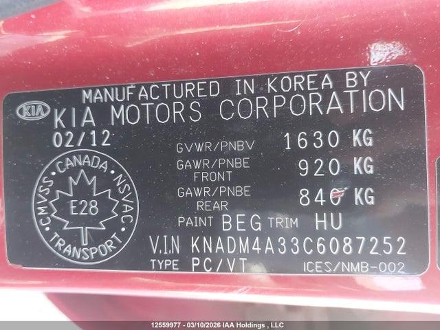 12559977 :رقم المزاد ، KNADM4A33C6087252 vin ، 2012 Kia Rio Ex/ex+/lx/lx+/sx مزاد بيع