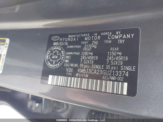 Aukcja sprzedaży 2016 Hyundai Tucson Limited, vin: KM8J3CA23GU213374, numer aukcji: 12559982