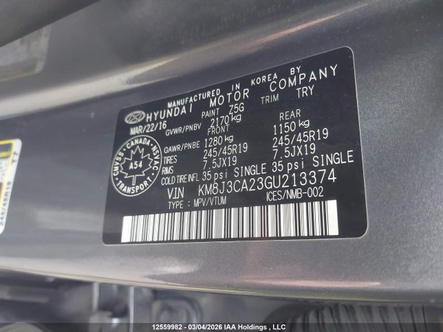 Aukcja sprzedaży 2016 Hyundai Tucson Limited, vin: KM8J3CA23GU213374, numer aukcji: 12559982