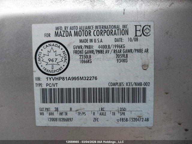 Aukcja sprzedaży 2009 Mazda Mazda6 Gs-i4, vin: 1YVHP81A995M32276, numer aukcji: 12559985