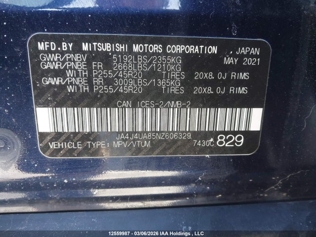 JA4J4UA85NZ606329 Mitsubishi Outlander Le/le Premium/se/sel