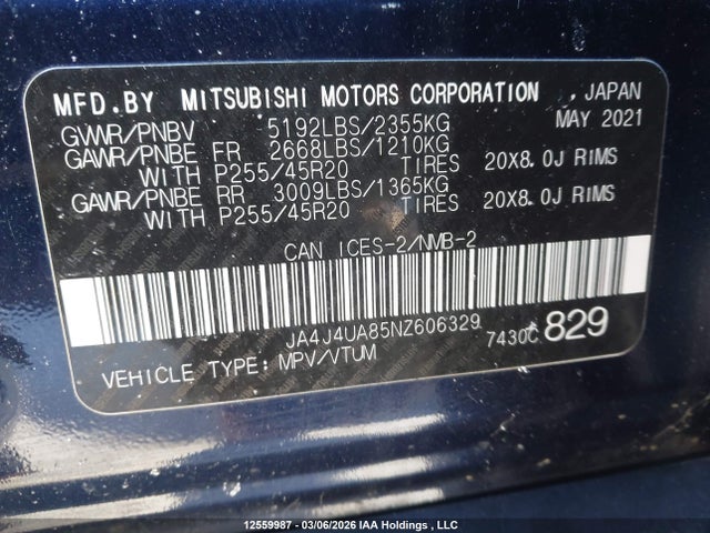 JA4J4UA85NZ606329 Mitsubishi Outlander Le/le Premium/se/sel