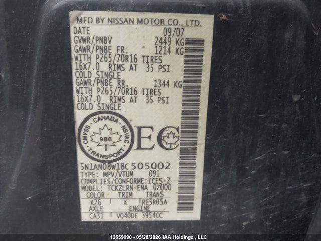 Aukcja sprzedaży 2008 Nissan Xterra Off Road/s/se, vin: 5N1AN08W18C505002, numer aukcji: 12559990