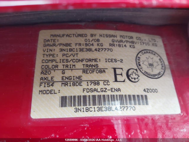 2008 Nissan Versa S/sl მანქანა იყიდება აუქციონზე, vin: 3N1BC13E38L427770, აუქციონის ნომერი: 12559996