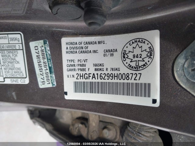 12560004 :رقم المزاد ، 2HGFA16299H008727 vin ، 2009 Honda Civic Dx/dx-a مزاد بيع