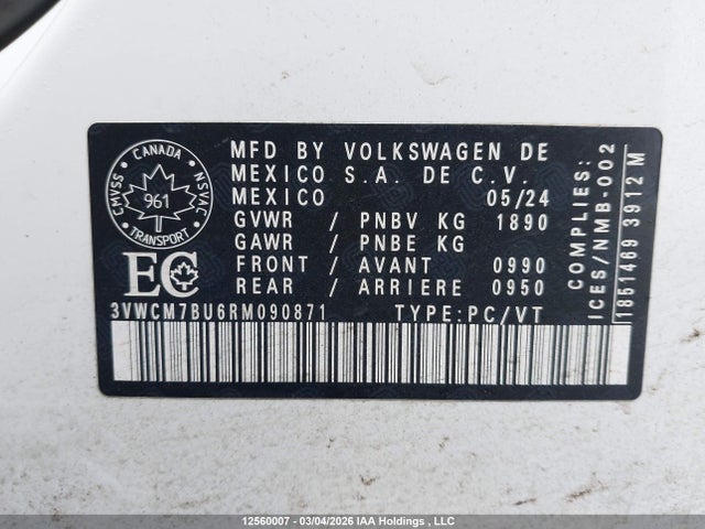 12560007 :رقم المزاد ، 3VWCM7BU6RM090871 vin ، 2024 Volkswagen Jetta Trendline مزاد بيع