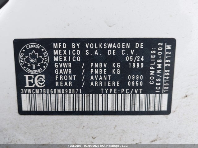 12560007 :رقم المزاد ، 3VWCM7BU6RM090871 vin ، 2024 Volkswagen Jetta Trendline مزاد بيع