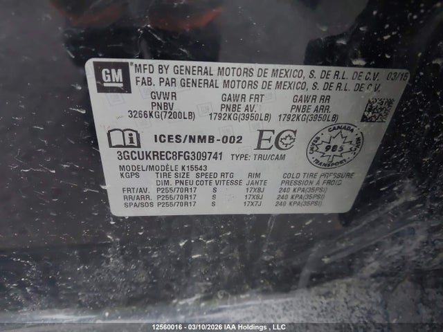 Продаж на аукціоні авто 2015 Chevrolet Silverado 1500, vin: 3GCUKREC8FG309741, номер лоту: 12560016