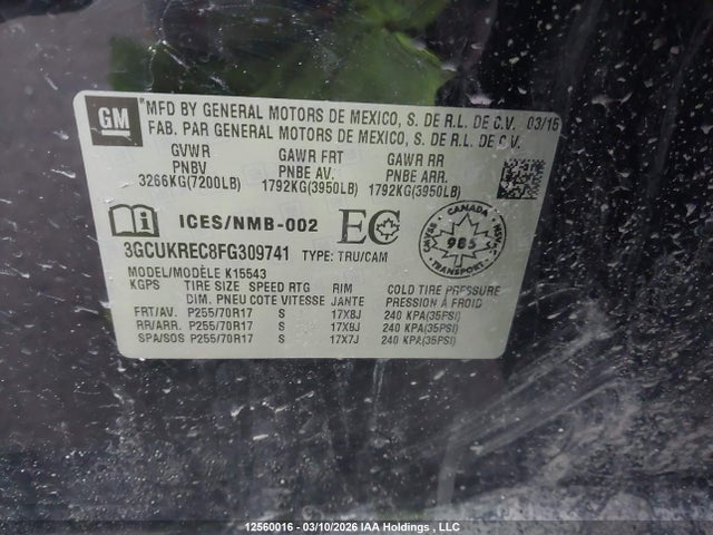 Продаж на аукціоні авто 2015 Chevrolet Silverado 1500, vin: 3GCUKREC8FG309741, номер лоту: 12560016