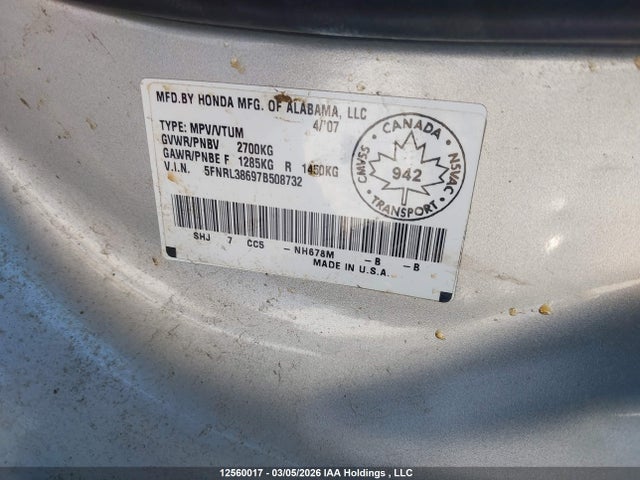 Aukcja sprzedaży 2007 Honda Odyssey Exl, vin: 5FNRL38697B508732, numer aukcji: 12560017