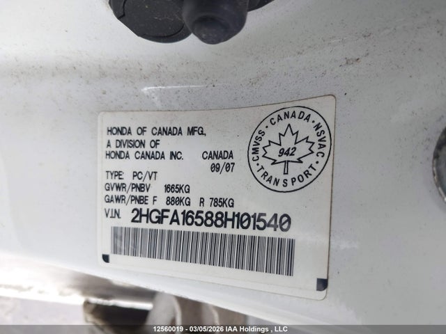12560019 :رقم المزاد ، 2HGFA16588H101540 vin ، 2008 Honda Civic Lx مزاد بيع