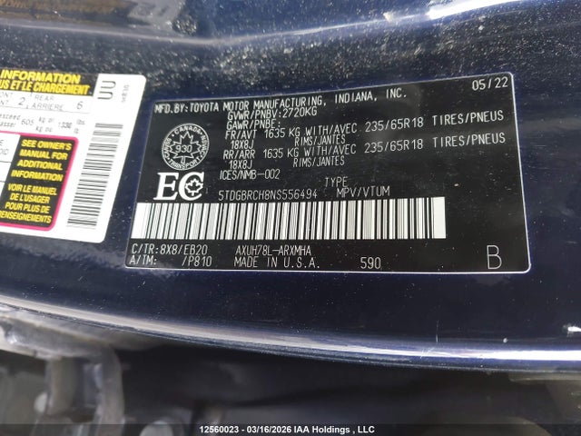 12560023 :رقم المزاد ، 5TDGBRCH8NS556494 vin ، 2022 Toyota Highlander مزاد بيع