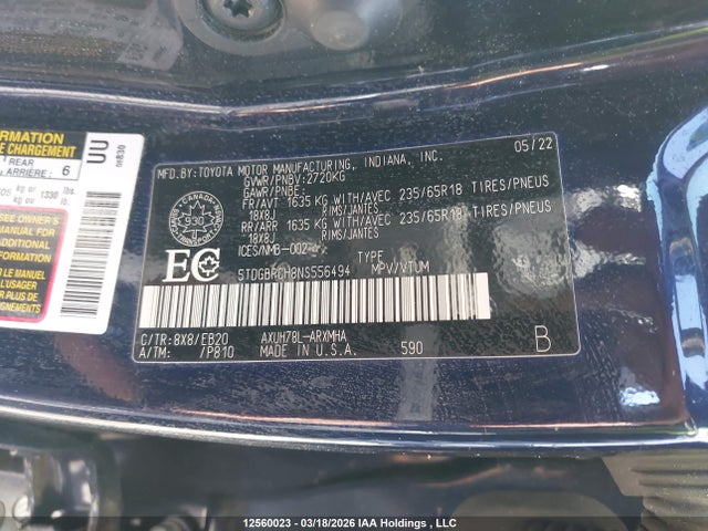 12560023 :رقم المزاد ، 5TDGBRCH8NS556494 vin ، 2022 Toyota Highlander مزاد بيع