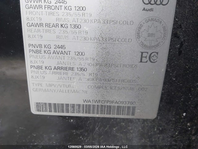 12560029 :رقم المزاد ، WA1WFCFP9FA093760 vin ، 2015 Audi Q5 2.0t Technik مزاد بيع