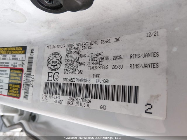 2022 Toyota Tundra მანქანა იყიდება აუქციონზე, vin: 5TFMA5EC7NX001840, აუქციონის ნომერი: 12560030