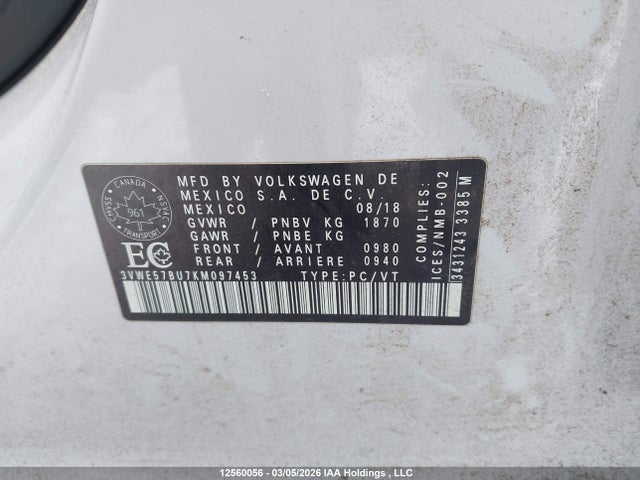 2019 Volkswagen Jetta Sel მანქანა იყიდება აუქციონზე, vin: 3VWE57BU7KM097453, აუქციონის ნომერი: 12560056