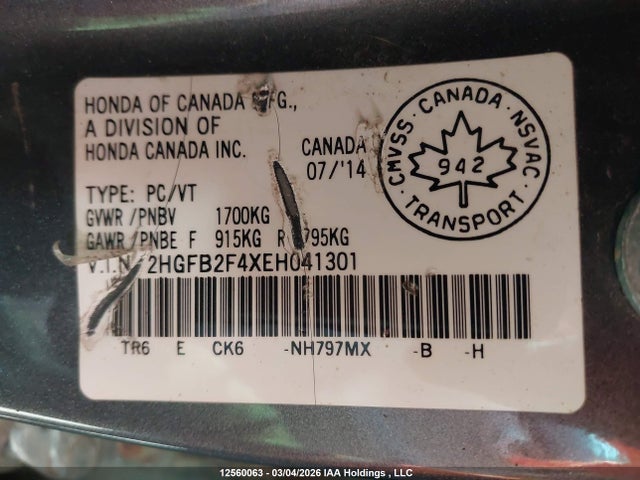 12560063 :رقم المزاد ، 2HGFB2F4XEH041301 vin ، 2014 Honda Civic Lx مزاد بيع