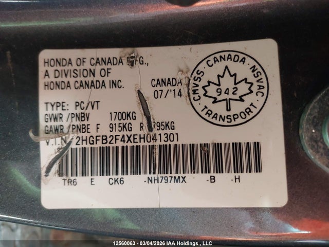 12560063 :رقم المزاد ، 2HGFB2F4XEH041301 vin ، 2014 Honda Civic Lx مزاد بيع