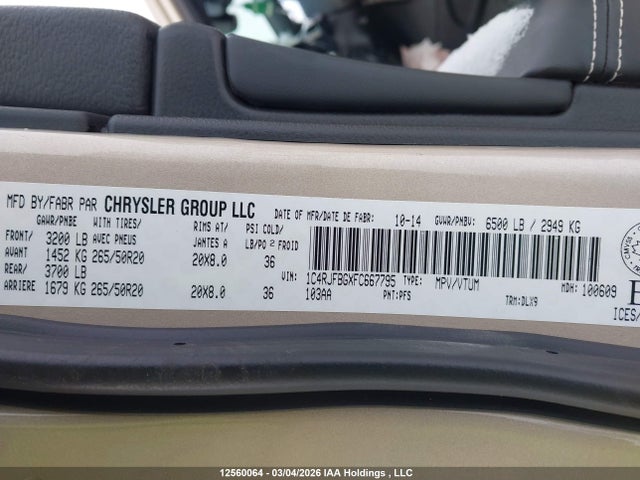 Aukcja sprzedaży 2015 Jeep Grand Cherokee Limited, vin: 1C4RJFBGXFC667795, numer aukcji: 12560064