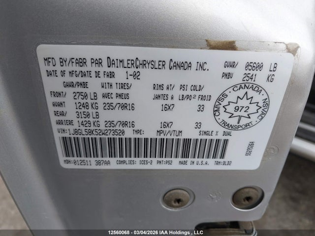 Продажа на аукционе авто 2002 Jeep Liberty Limited, vin: 1J8GL58K52W273520, номер лота: 12560068