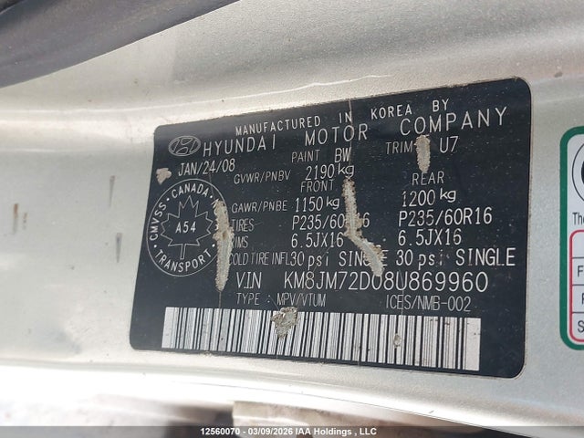 Продажа на аукционе авто 2008 Hyundai Tucson Gl V6/limited, vin: KM8JM72D08U869960, номер лота: 12560070