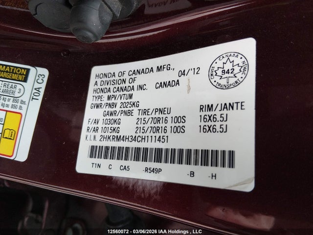 Aukcja sprzedaży 2012 Honda Cr-v Lx, vin: 2HKRM4H34CH111451, numer aukcji: 12560072