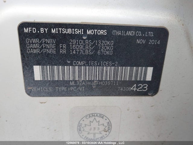 Продаж на аукціоні авто 2015 Mitsubishi Mirage De, vin: ML32A3HJ6FH035711, номер лоту: 12560078