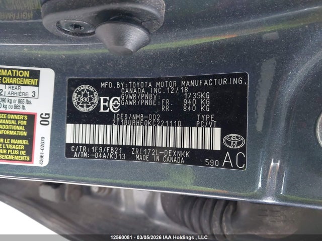 12560081 :رقم المزاد ، 2T1BURHE0KC221110 vin ، 2019 Toyota Corolla L/le/xle/se/xse مزاد بيع