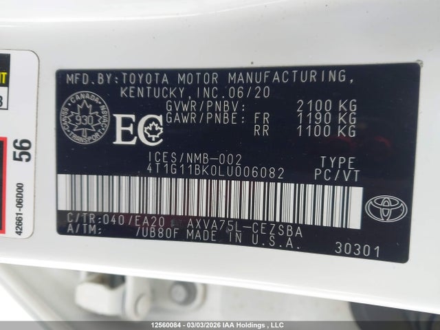 12560084 :رقم المزاد ، 4T1G11BK0LU006082 vin ، 2020 Toyota Camry Se/se Night Shade مزاد بيع
