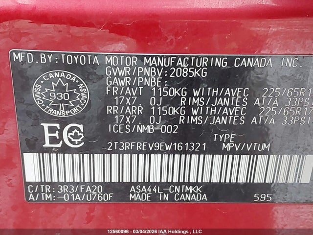 Продажа на аукционе авто 2014 Toyota Rav4 Xle, vin: 2T3RFREV9EW161321, номер лота: 12560096