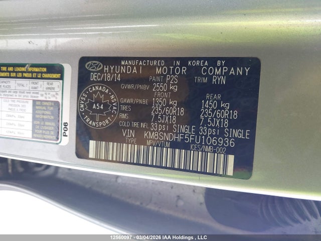 Aukcja sprzedaży 2015 Hyundai Santa Fe Gls/limited, vin: KM8SNDHF5FU106936, numer aukcji: 12560097