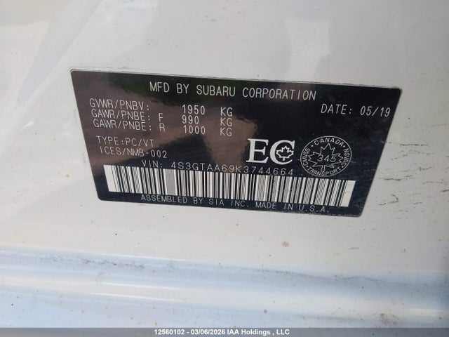 Aukcja sprzedaży 2019 Subaru Impreza, vin: 4S3GTAA69K3744664, numer aukcji: 12560102