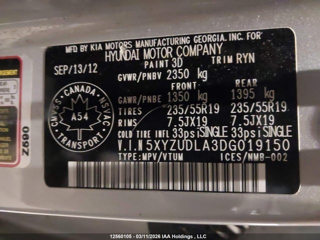 12560105 :رقم المزاد ، 5XYZUDLA3DG019150 vin ، 2013 Hyundai Santa Fe مزاد بيع