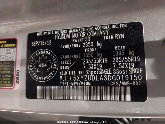 12560105 :رقم المزاد ، 5XYZUDLA3DG019150 vin ، 2013 Hyundai Santa Fe مزاد بيع