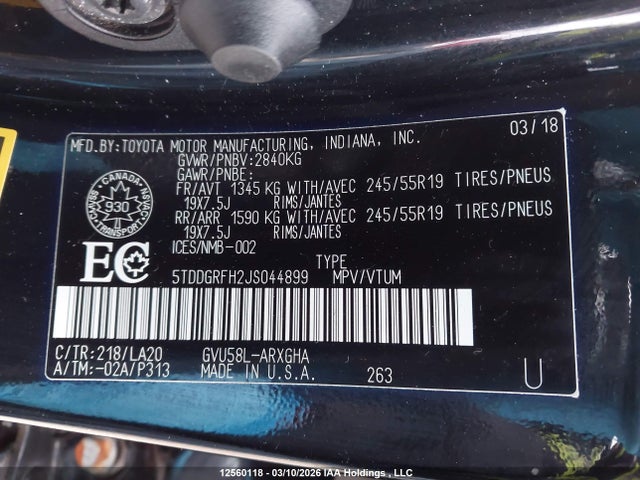 2018 Toyota Highlander Hybrid Hybrid მანქანა იყიდება აუქციონზე, vin: 5TDDGRFH2JS044899, აუქციონის ნომერი: 12560118